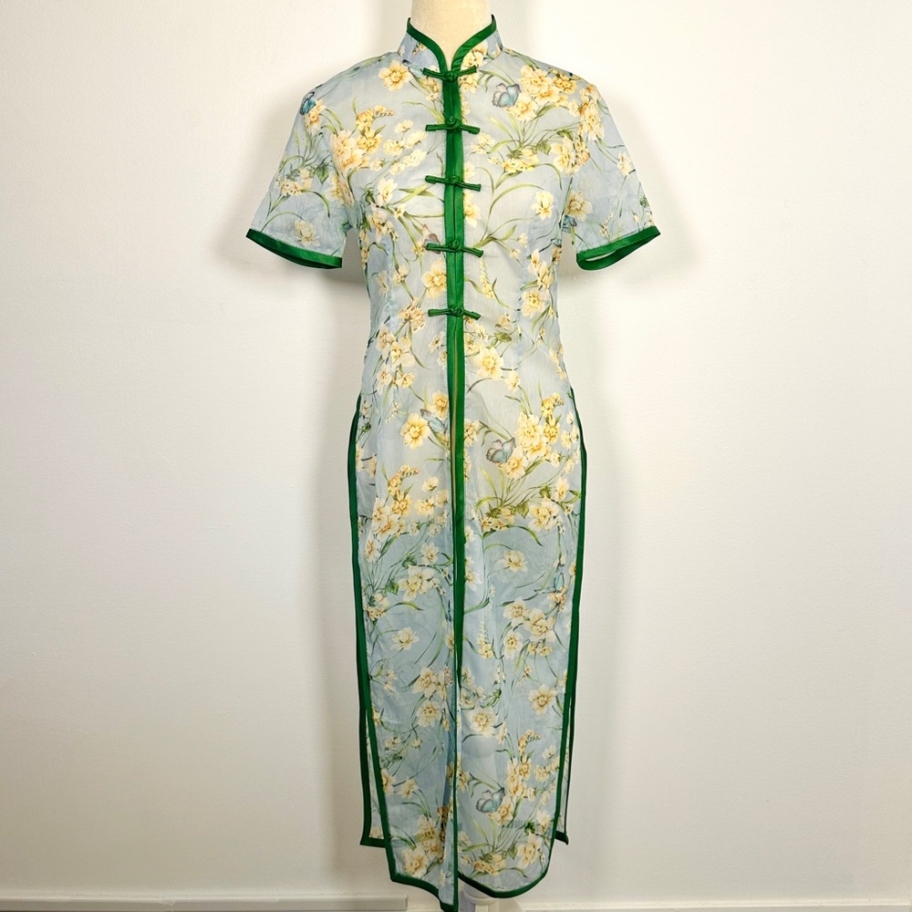 Floral Cheongsam Style Dress M Chinese Qipao Mesh Overlay